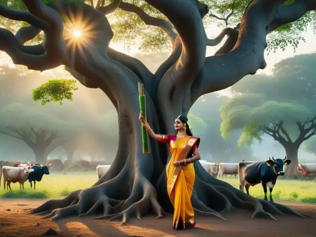 Escena mística de Krishna tocando la flauta bajo un árbol banyan al atardecer, rodeado de gopis y vacas