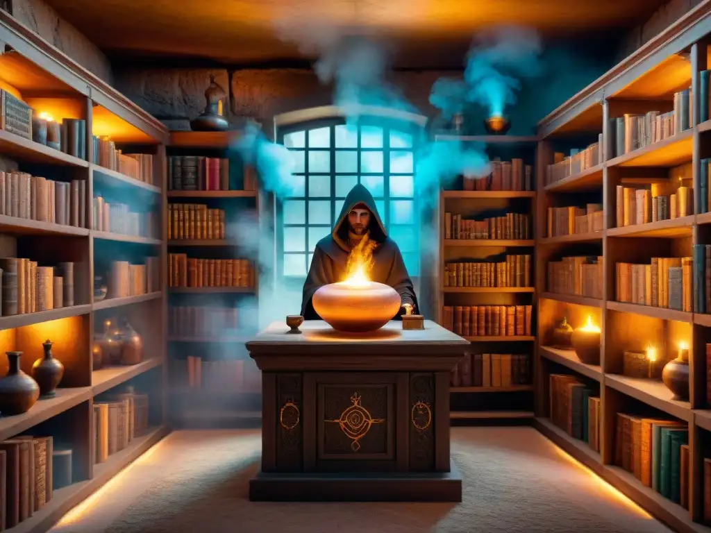 Alquimia ancestral: el misterio de la Piedra Filosofal Escena mística en laboratorio de alquimia antigua con la Piedra Filosofal dorada iluminando la habitación con humo de colores