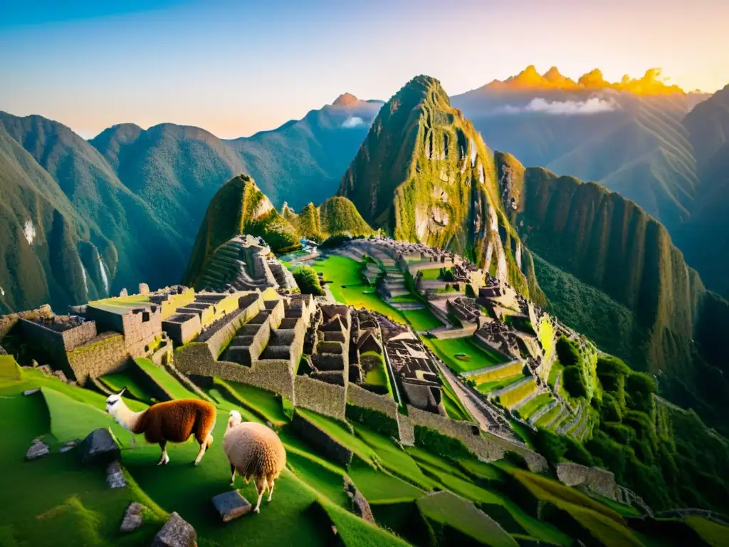 Escena mística al amanecer en Machu Picchu con llamas pacíficas y significado números tradiciones espirituales