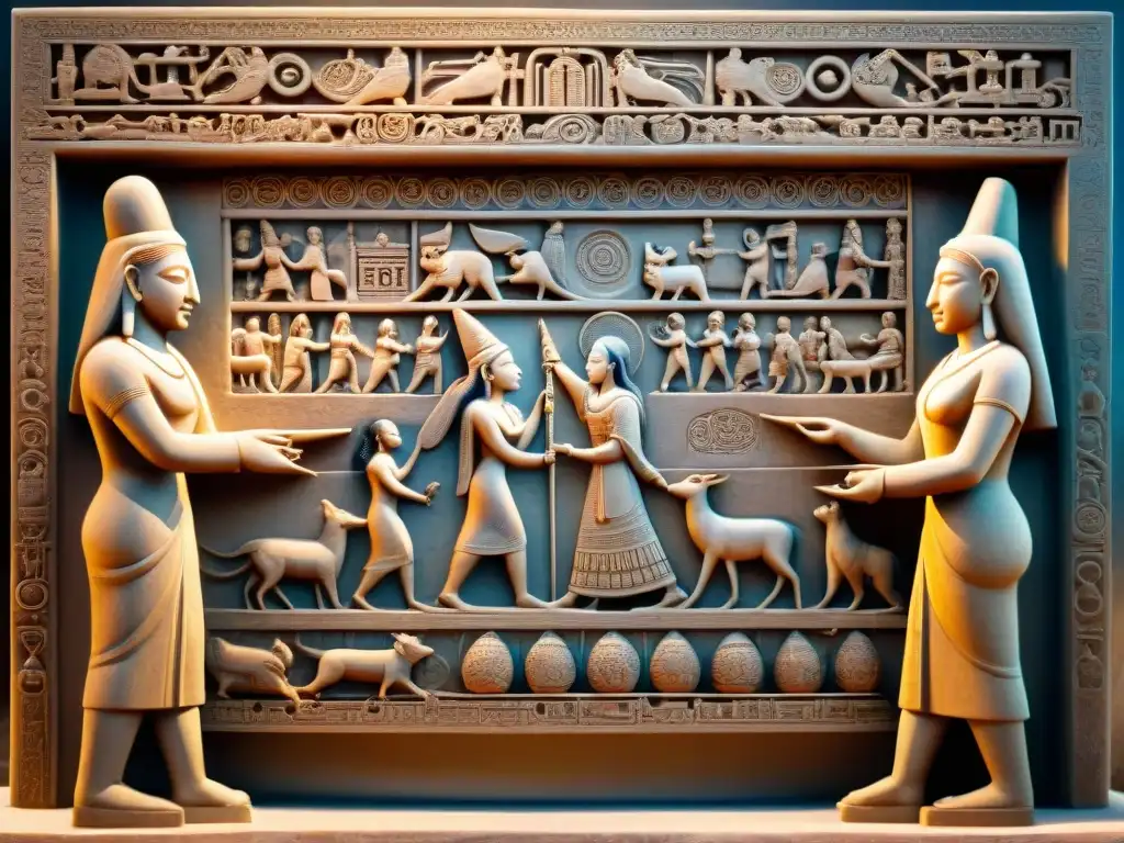 Escena mística de quiromancia en civilizaciones antiguas, con figura central leyendo la mano entre símbolos celestiales y criaturas místicas