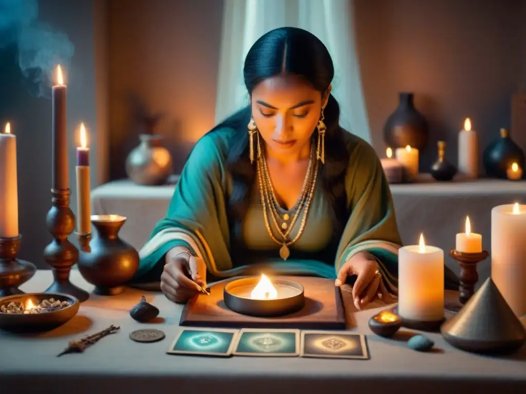 Una escena mística de sanación espiritual con un chamán realizando una sesión de adivinación con tarot, cristales y velas