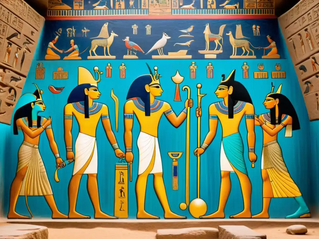 Escena en mural egipcio: Faraón recibe la Ma'at de los dioses Horus y Anubis