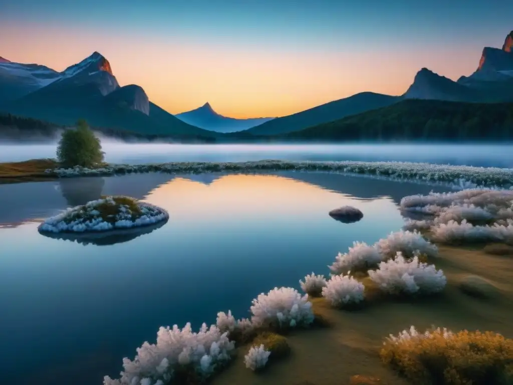 Escena nocturna serena con lago, luna creciente y cristales brillantes, en el mágico 'Poder de los Cristales en Sueños'