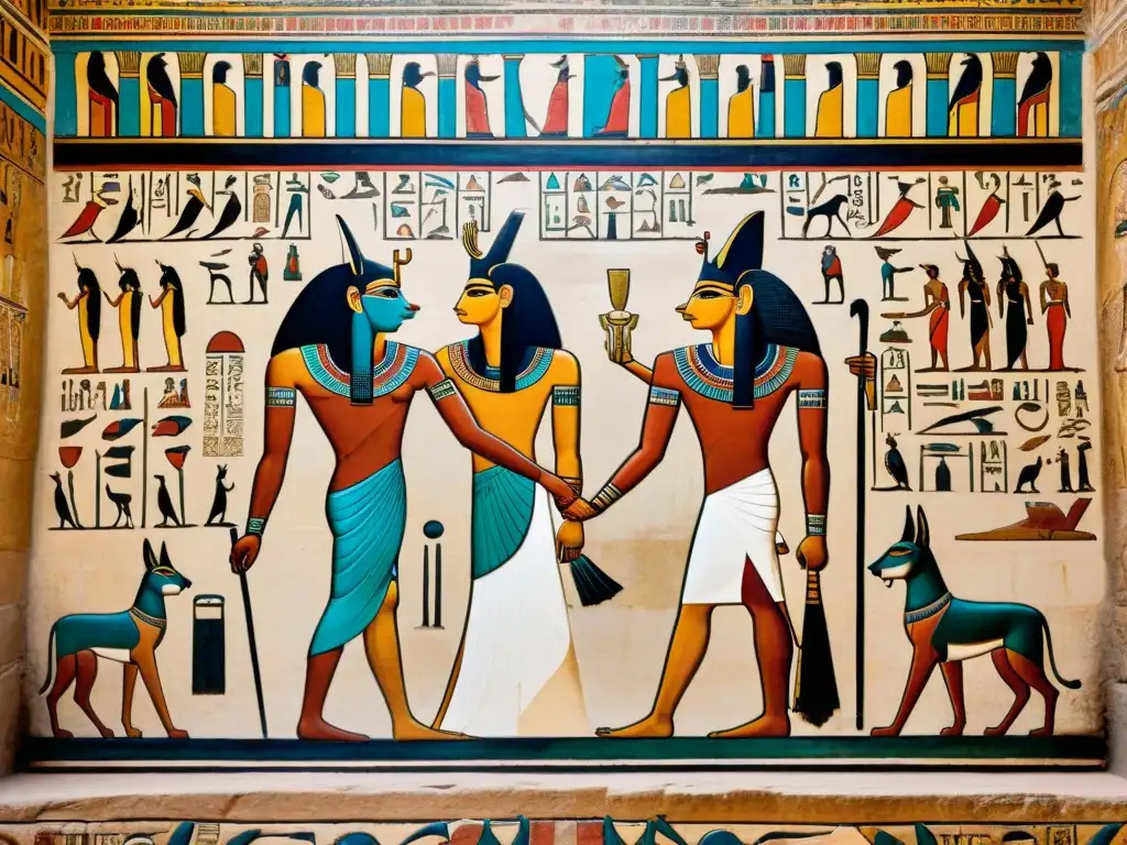 Murales egipcios: juicio del faraón bajo la mirada de Anubis Escena de la responsabilidad moral en la antigua cultura real egipcia