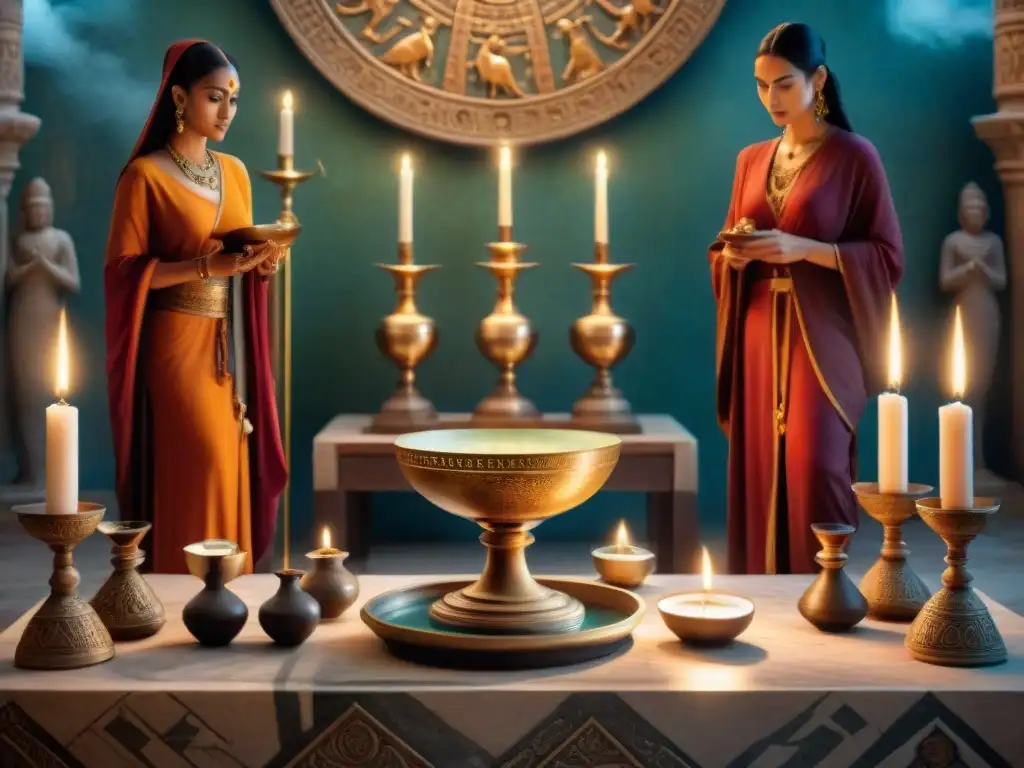 Escena de rituales de adivinación etruscos misteriosos en templo antiguo con sacerdotisa y acólitos
