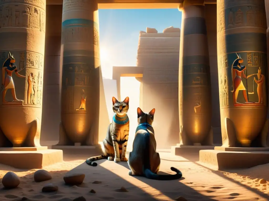 Escena sagrada del culto a los animales en Egipto: adoración a Bastet con sacrificios de pescado y leche, estatuas de gatos y jeroglíficos detallados