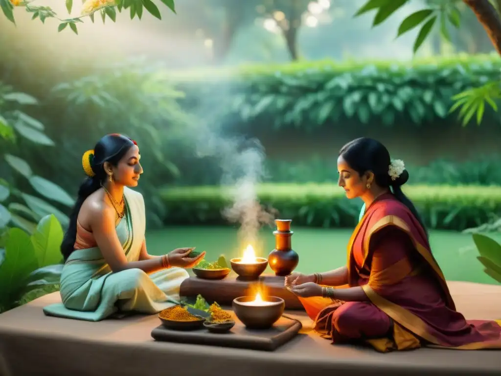 Escena de sanación Ayurveda en jardín sereno de la antigua India