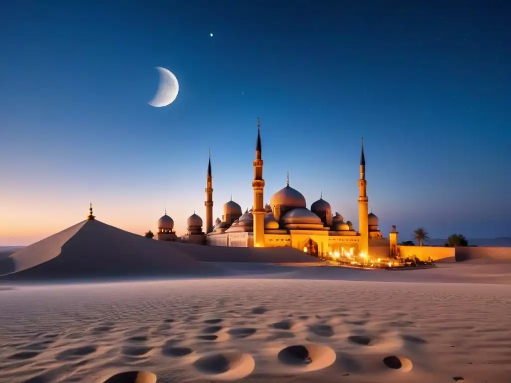 Escena serena en el desierto con la luna creciente y una mezquita iluminada por la luz lunar, evocando rituales de iniciación en religiones