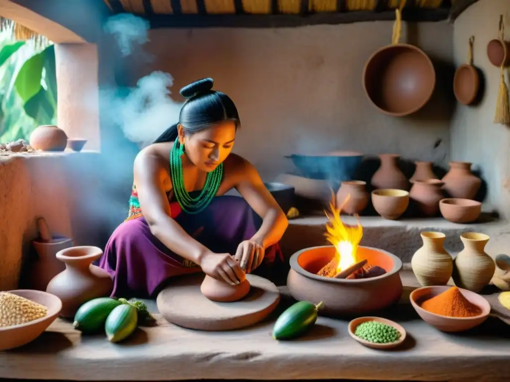 Escena vibrante de cocina precolombina con antiguos alimentos y técnicas