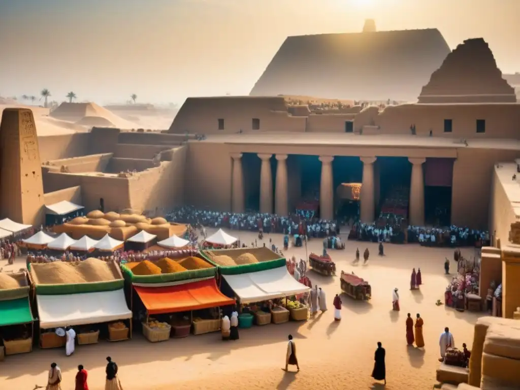 Escena vibrante de la economía y religión en el Antiguo Egipto: mercado bullicioso frente a majestuosos templos