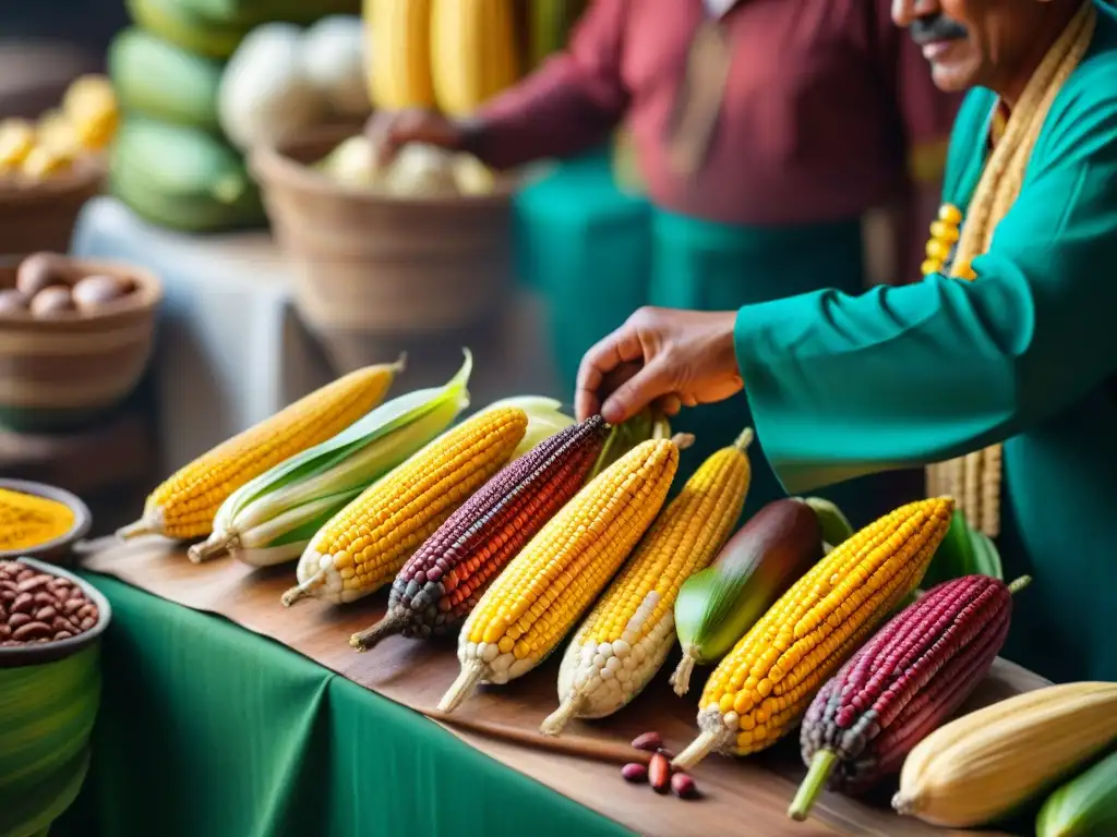 Escena vibrante de mercado mesoamericano con maíz, frijoles y cacao