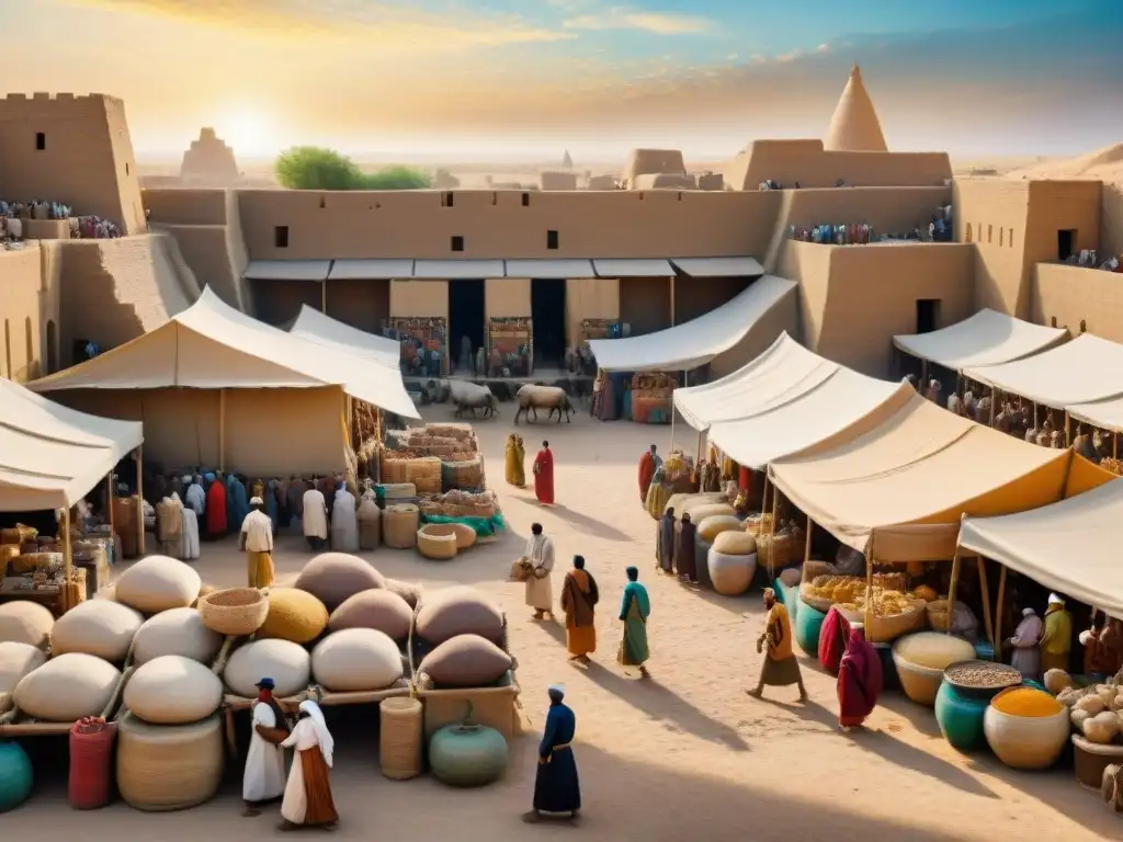 Escena vibrante de un mercado en Mesopotamia antigua, mostrando la evolución del comercio en Mesopotamia