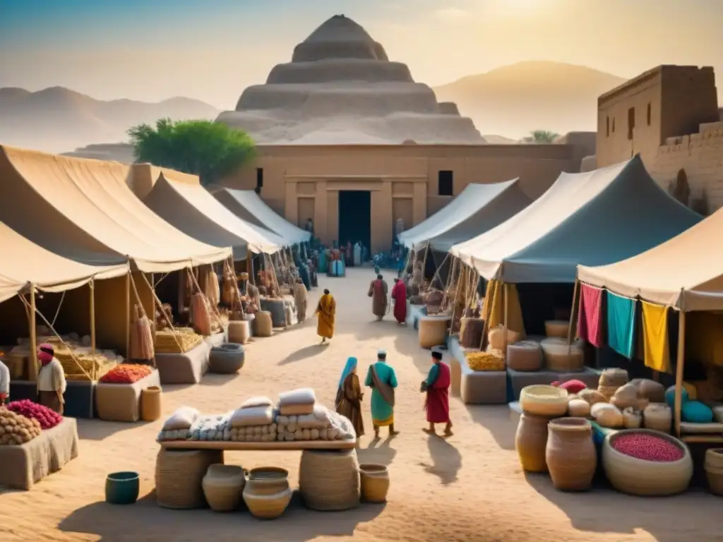 Mercado Mesopotámico: Escena vibrante de comercio antiguo bajo ziggurats Escena vibrante de un mercado mesopotámico antiguo, con comerciantes, clientes y ziggurats