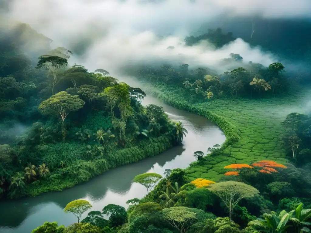 Un escenario detallado de la selva amazónica, con aves, mariposas y un río tranquilo