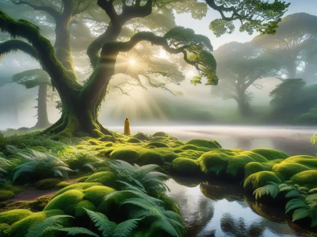 Un escenario místico de un druida en reverencia en un bosque ancestral al amanecer