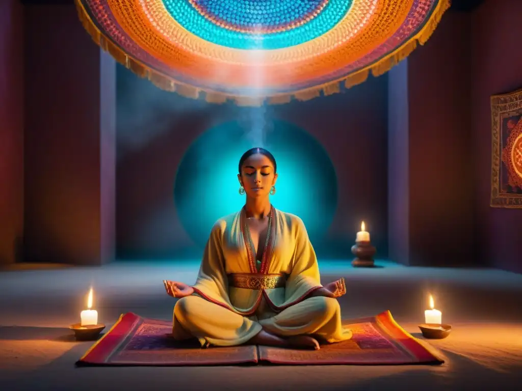 Un escenario místico de influencia de los chakras: figura en meditación rodeada de velas, incienso y telas vibrantes