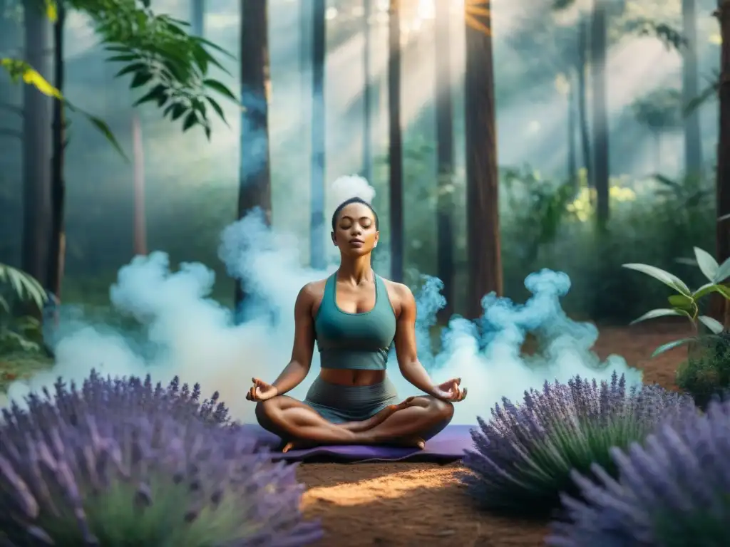 Un escenario sereno en la naturaleza con plantas aromáticas, yoga y aceites esenciales para viaje espiritual