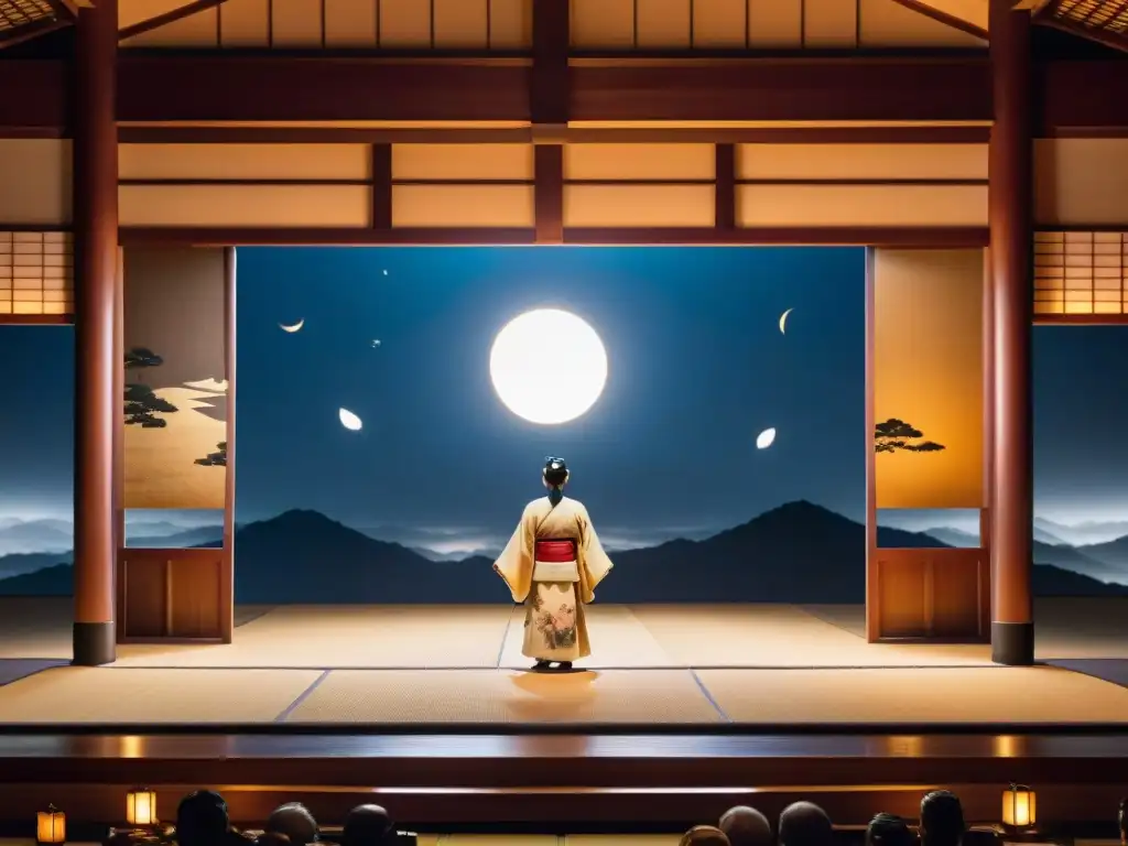 Un escenario de teatro Noh japonés iluminado por un haz de luz sutil, con simbolismos eclipses cultura japonesa