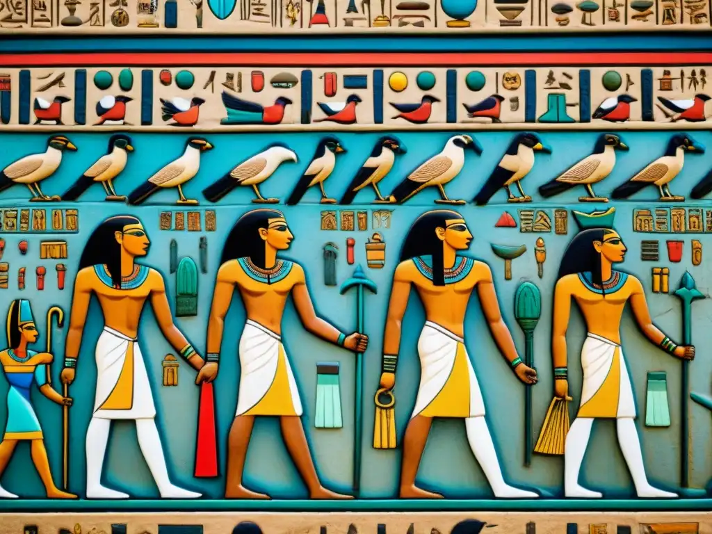 Escenas detalladas de culto a animales en Egipto: sacerdotes, sacrificios y adoradores en un relieve de templo egipcio