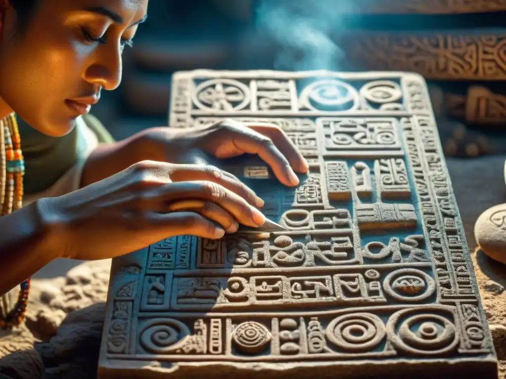 Un escriba maya tallando hieroglifos en una losa de piedra, resaltando la decodificación del sistema de escritura maya