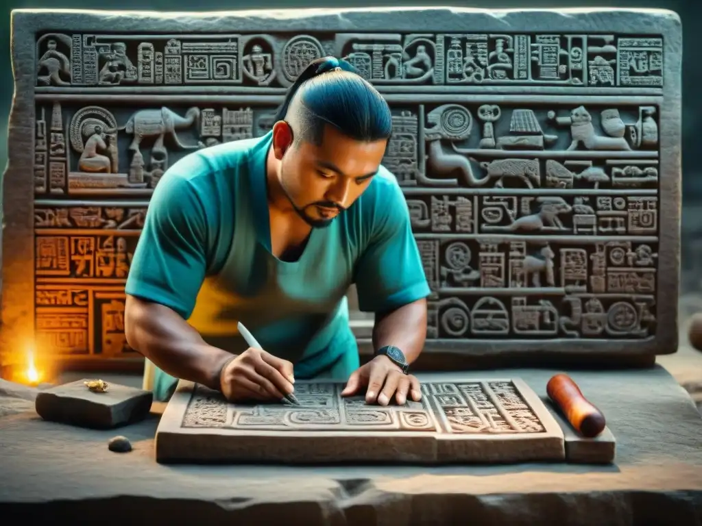 Un escriba maya decodificando jeroglíficos en una losa de piedra, mostrando la complejidad del sistema de escritura maya