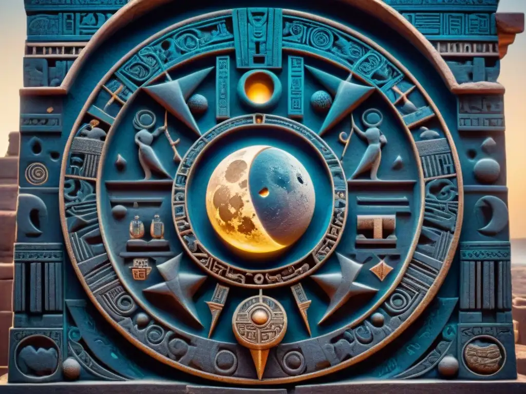 Esculpura ancestral de la luna y símbolos antiguos conectados con nodos lunares, destino, propósito y vida
