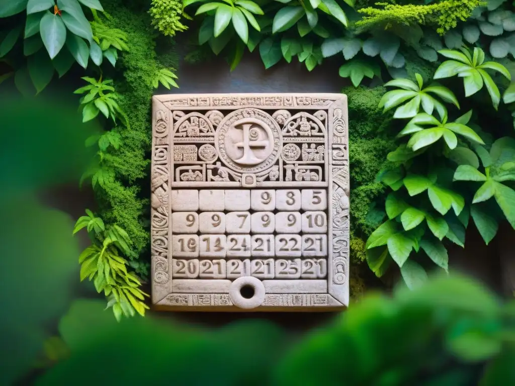 Esculpura detallada del Calendario Tzolk'in maya en la selva, con rayos de sol resaltando sus símbolos y misterio ancestral