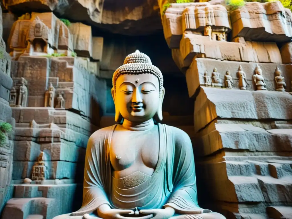 Una escultura antigua de Buda en las cuevas misteriosas de Longmen, China, iluminada por la suave luz natural