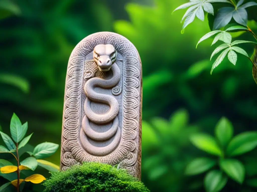 Escultura antigua de serpiente enroscada en eje central, con detalles de energía Kundalini en selva exuberante