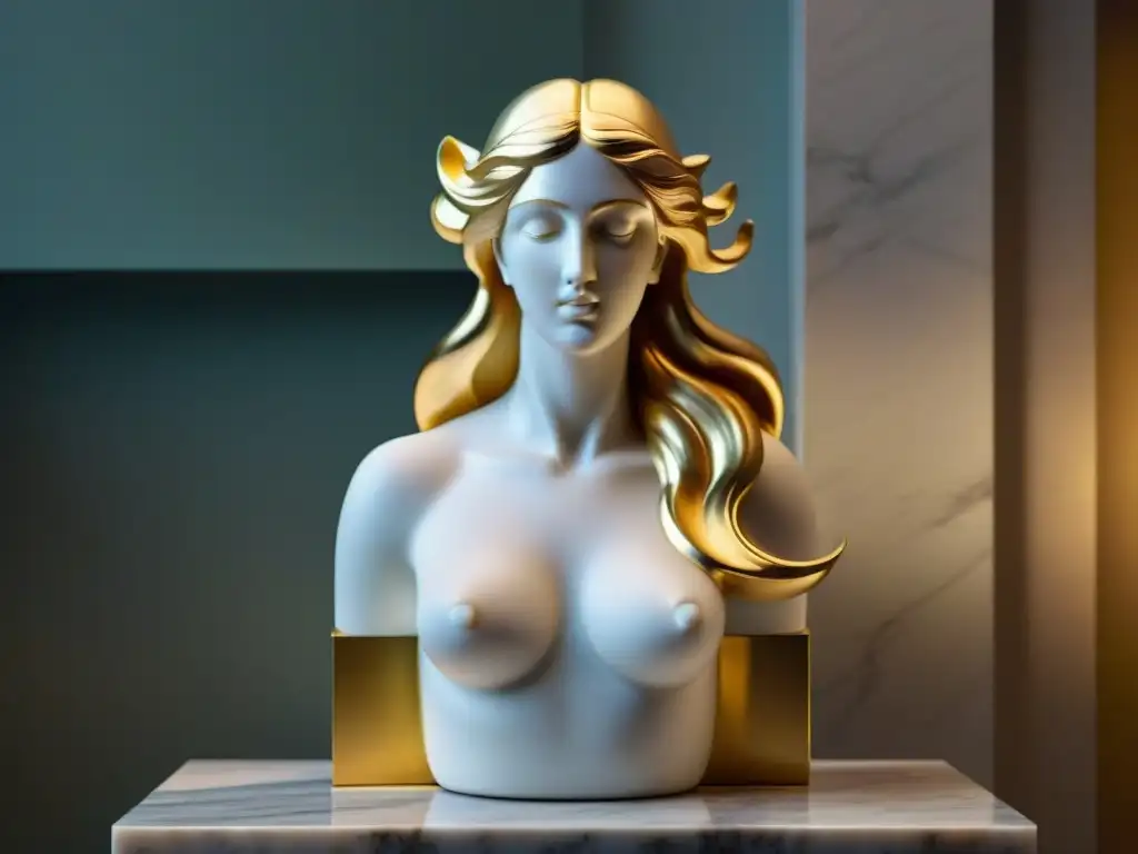 Escultura contemporánea inspirada en la diosa Afrodita, elegante y detallada en mármol blanco con toques de oro