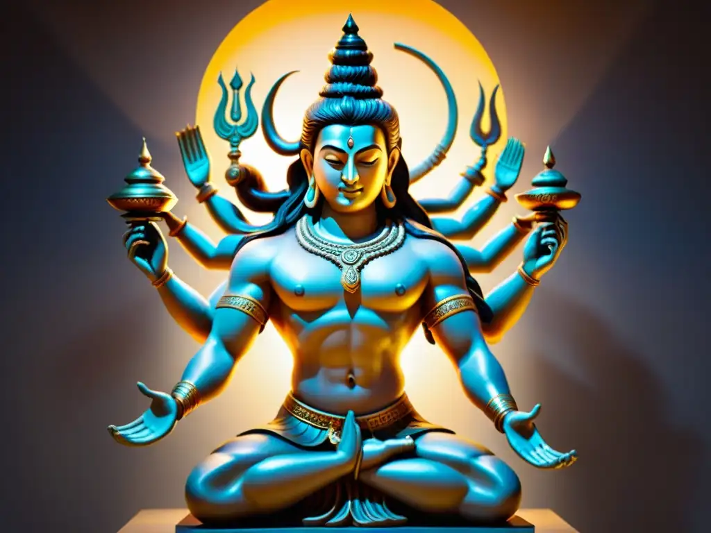 Escultura contemporánea de Lord Shiva danzante con múltiples brazos y objetos simbólicos, en una galería de arte moderno con visitantes inspirados