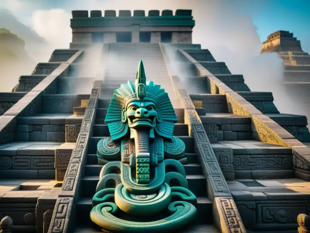 Escultura detallada del dios azteca Quetzalcoatl con plumas vibrantes y serpiente, en un templo envuelto en neblina