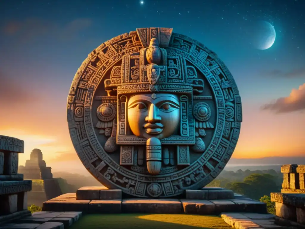 Escultura detallada del calendario maya bajo el brillo de Venus en la noche estrellada