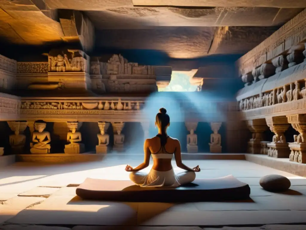 Escultura detallada en cuevas de Ellora, India, representando filósofos en profunda discusión