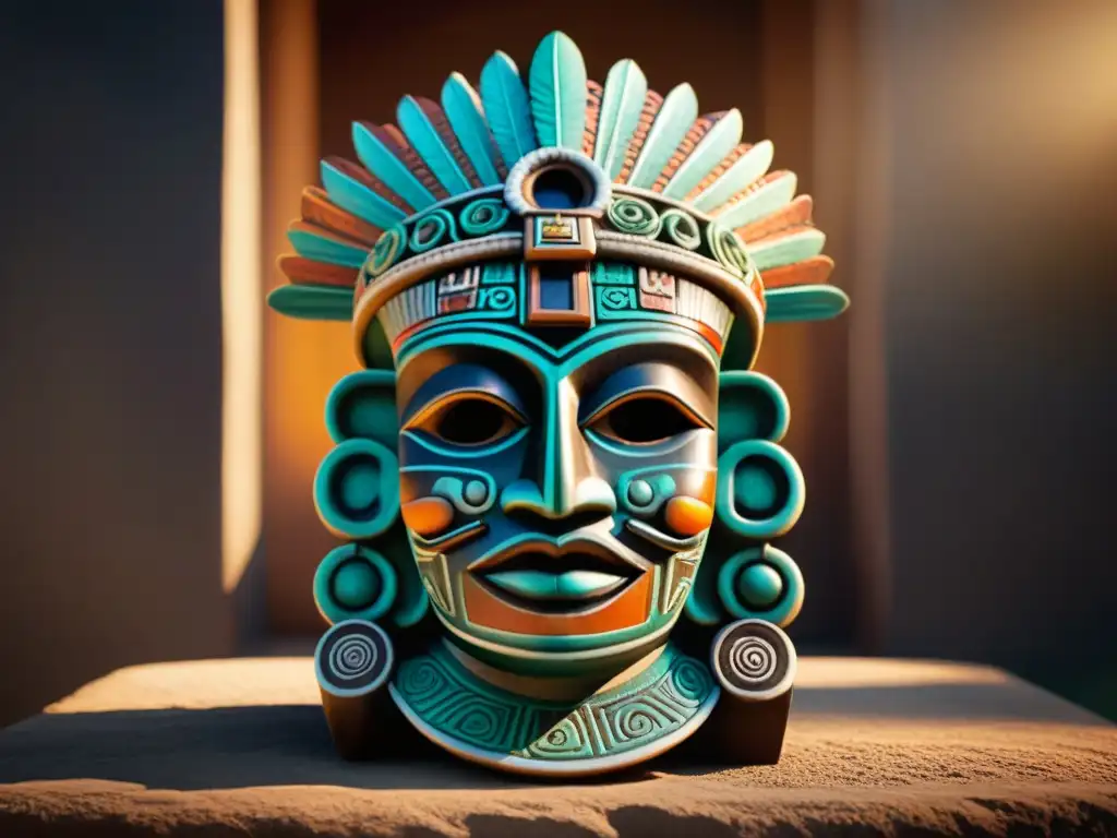 Escultura detallada azteca de Mictecacihuatl, la Dama de los Muertos, con elementos simbólicos representando la vida y la muerte en la ética azteca