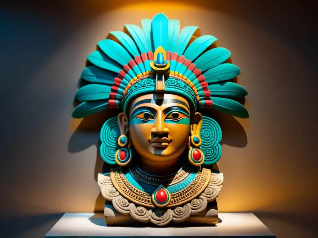 Escultura detallada de deidad mesoamericana en museo, destacando la influencia arte mesoamericano contemporáneo