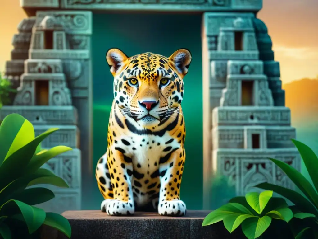 Escultura detallada del dios jaguar en templo maya, envuelto en misticismo y esplendor