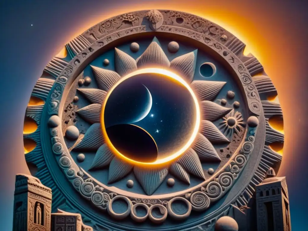 Escultura detallada de un eclipse solar según una antigua civilización