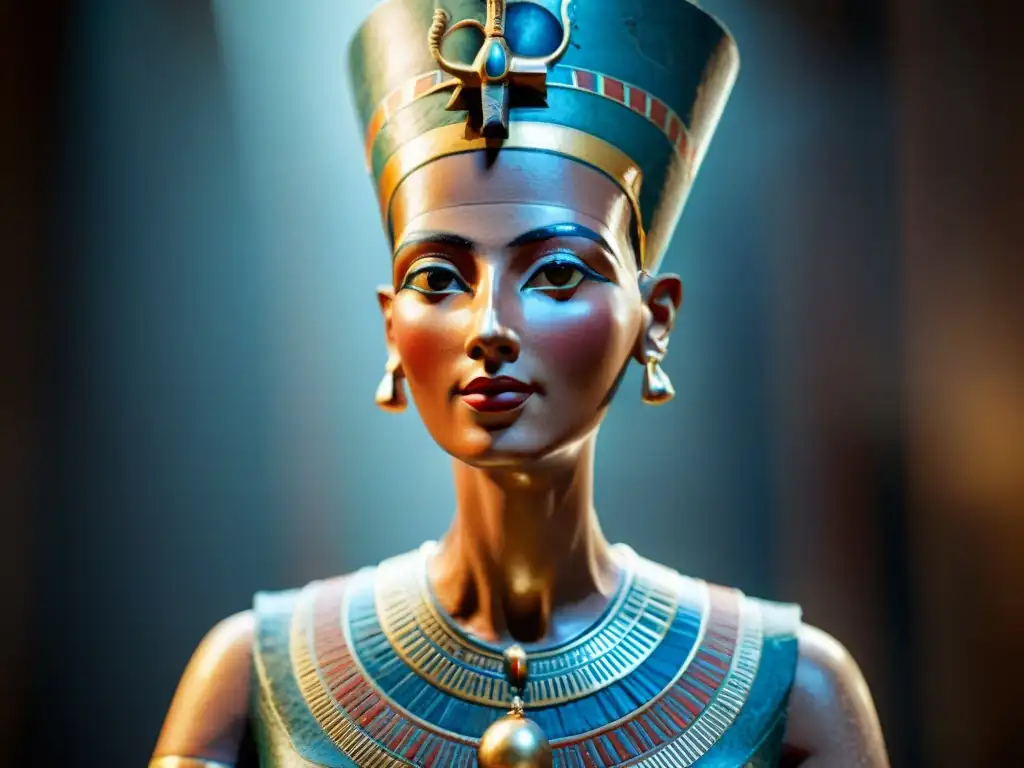 Escultura detallada de la icónica reina Nefertiti, con expresión serena y tocado intrincado, iluminada por el sol