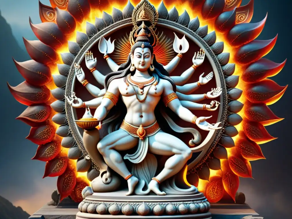 Escultura detallada de Shiva Nataraja en pose dinámica rodeado de fuego, simbolizando la creación y destrucción