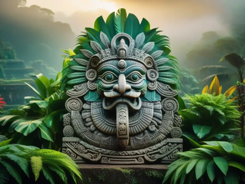 Escultura detallada de Quetzalcóatl rodeado de vegetación selvática, iluminado por el sol poniente en ruinas antiguas