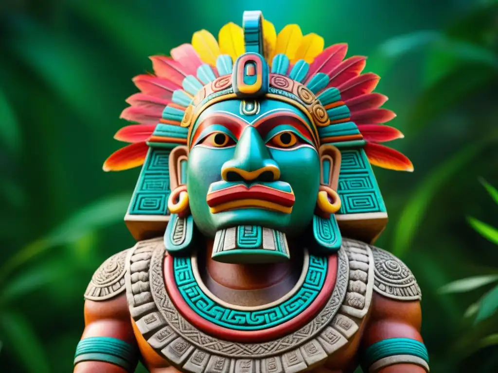 Escultura del dios maya Kukulkan con colores vibrantes y detalles intrincados en la selva