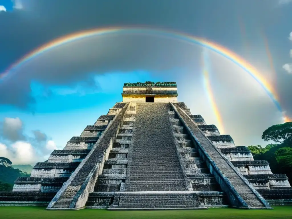 Escultura de piedra de Kukulkan uniendo arcoíris, revelando la conexión divina en la mitología antigua