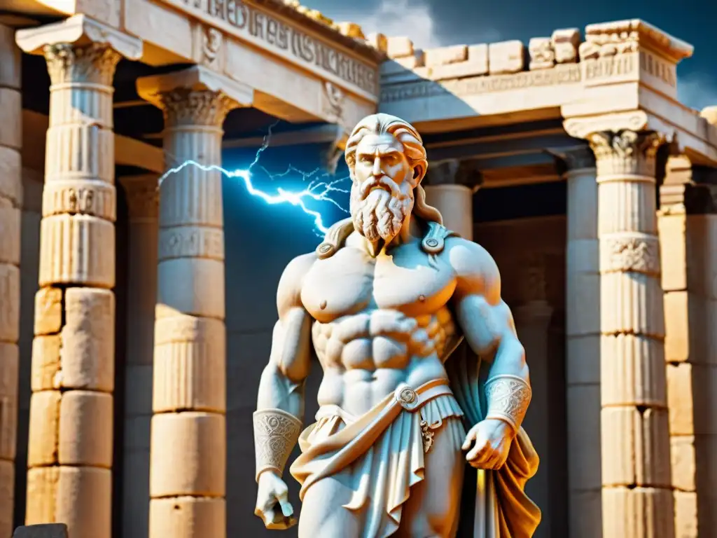 Estatua de Zeus: majestuosidad griega Escultura de mármol de Zeus, dios griego del trueno, entre ruinas antiguas