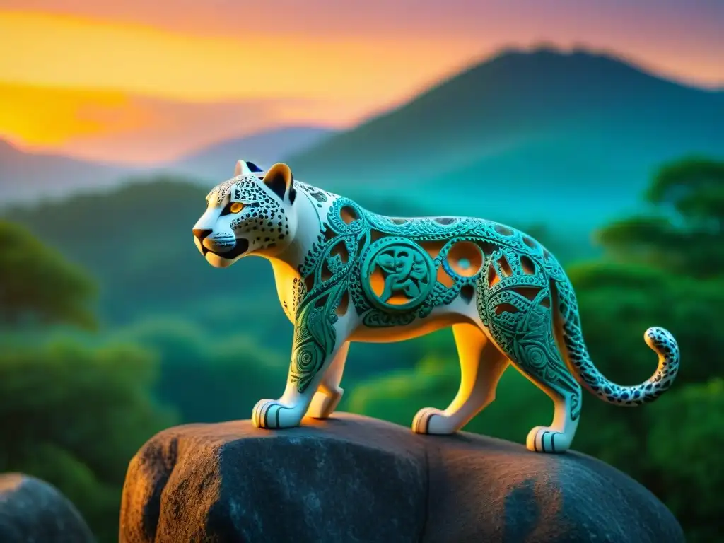 Escultura intrincada mesoamericana de un jaguar con símbolos y patrones, rodeado de naturaleza frente a un atardecer vibrante