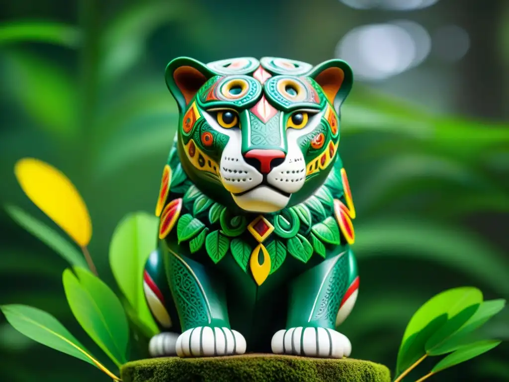 Escultura de jaguar con plumas coloridas en la selva amazónica