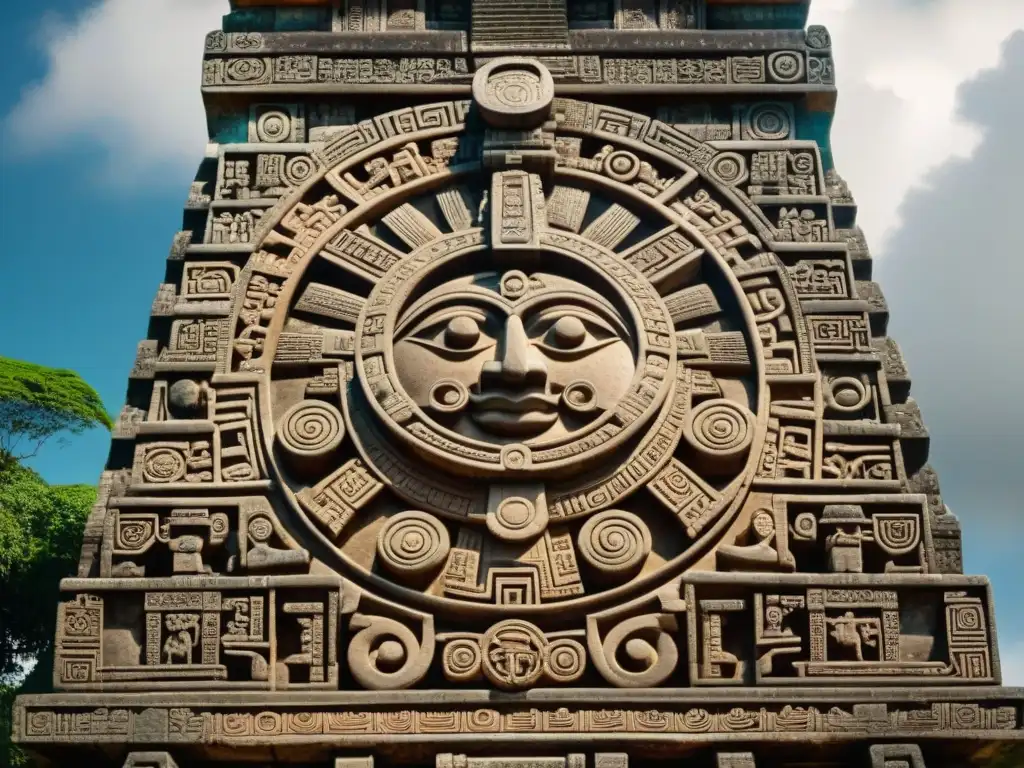 Escultura maya detallada que muestra la alineación celestial en Tikal