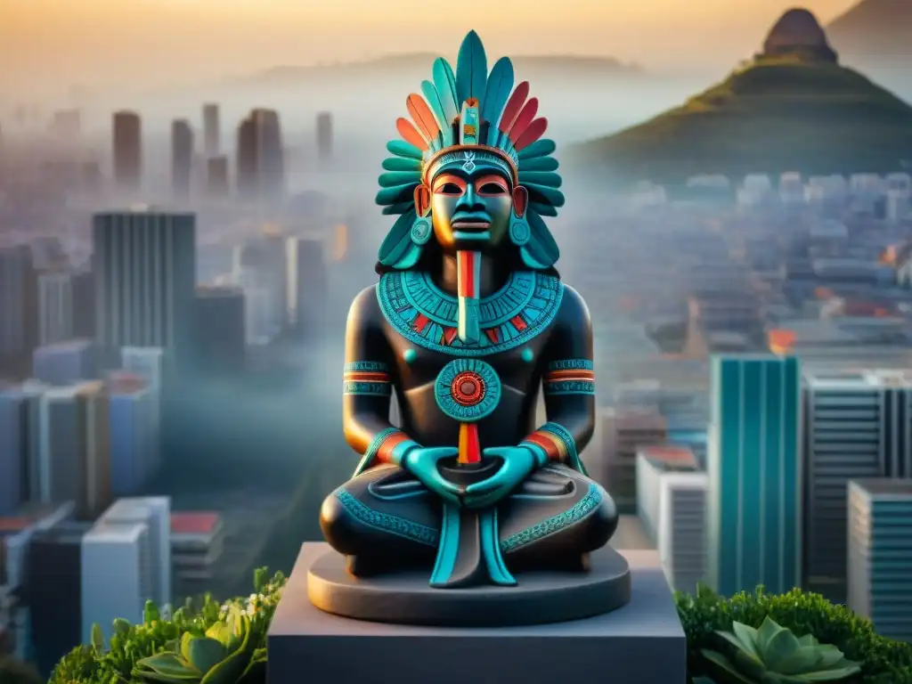 Escultura de Mictlantecuhtli con plumas vibrantes y patrones intrincados, contrastando con la vida urbana