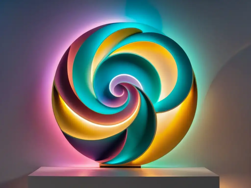 Escultura moderna del Triskelion iluminada, representando el significado Triskelion vida eterna en una galería