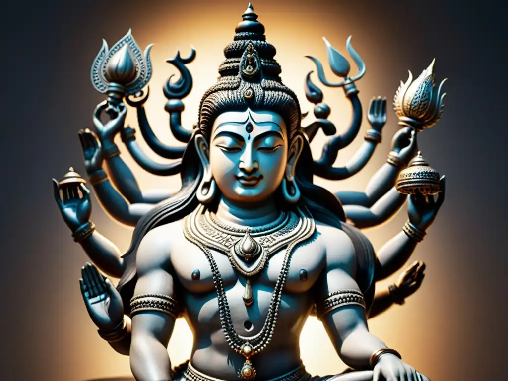 Escultura moderna de Shiva: Intrincada representación del dios hindú en una pose dinámica, con múltiples brazos y símbolos